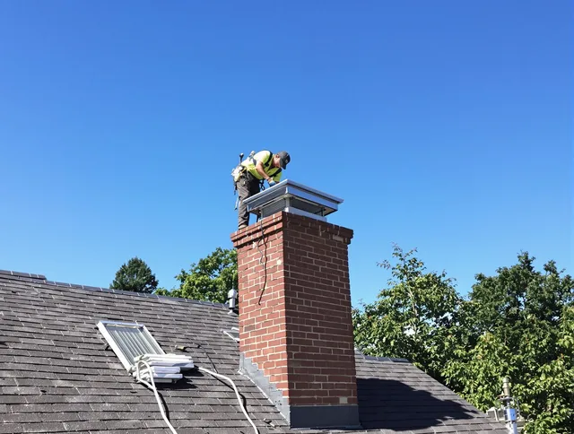 Wrentham Chimney Sweep technician measuring a chimney cap in Wrentham, MA