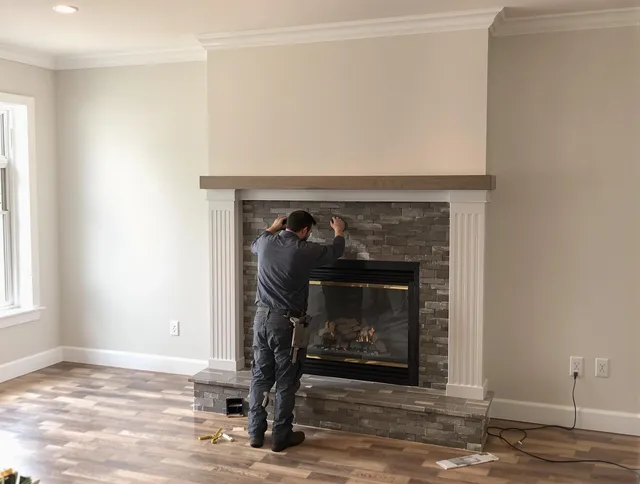 Wrentham Chimney Sweep finishing a custom fireplace install in Wrentham, MA